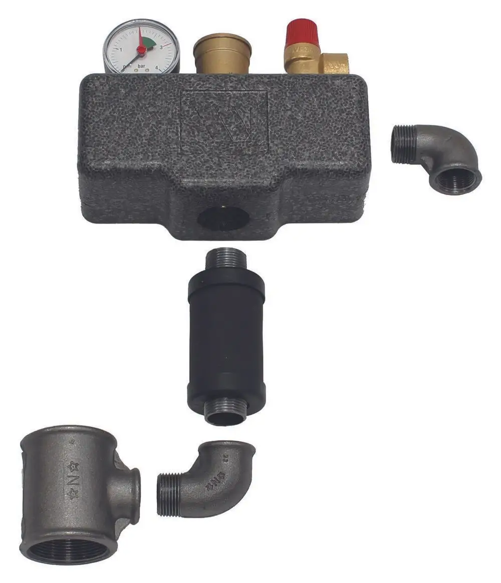 Vaillant Zubehörset mit Manometer, Druckregelventil und mehreren Rohrverbindungen. Enthält verschiedene Fittings und Adapter für die Installation.